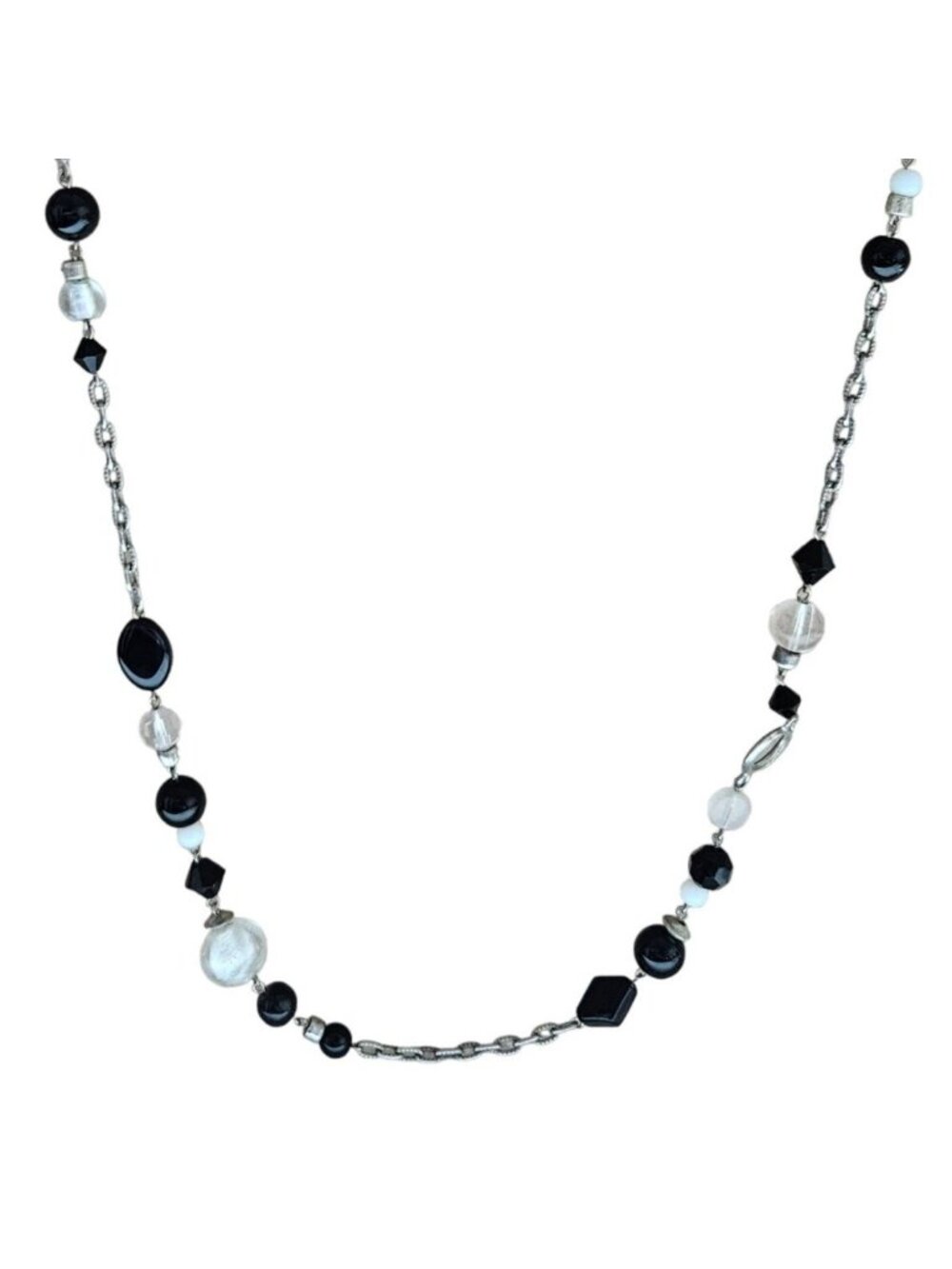 Elegant Black White Beaded Necklace Silver Tone Chain Classic Fashion Jewelry